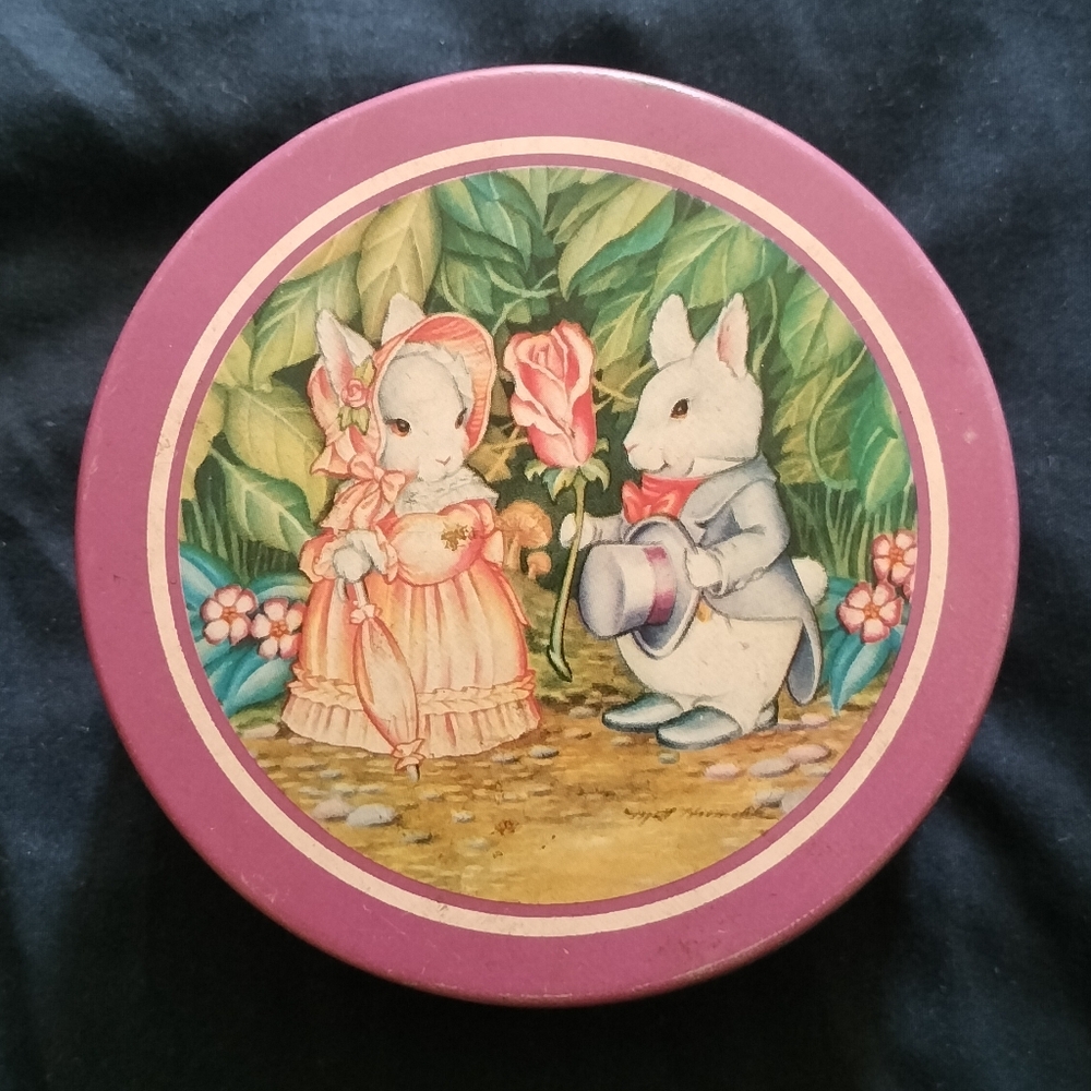 Pink Round Tin with Rabbit Illustration